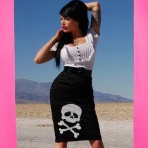 Deadly Dames Kiss Me Deadly Pinup Satin Pencil Skirt With Skull - Rare - Large